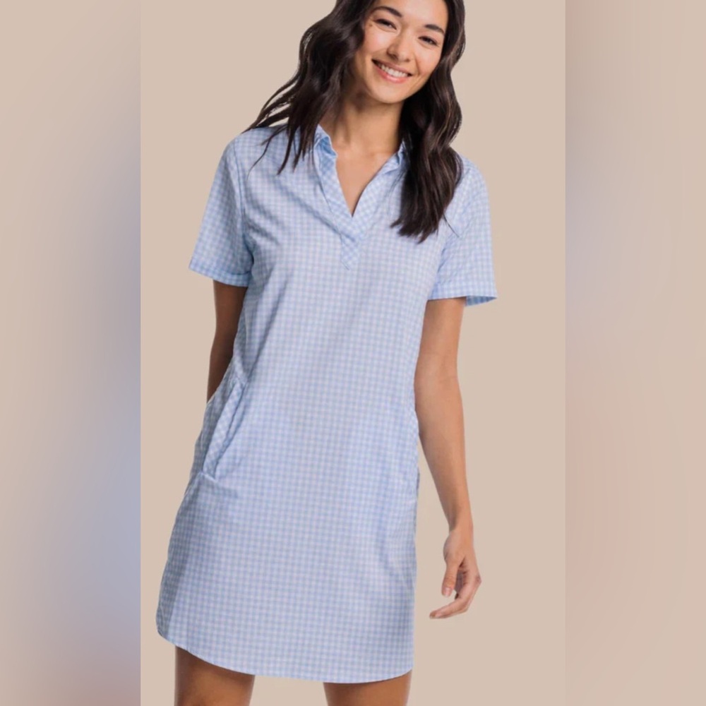 Southern Tide Kamryn Brrr Gingham Dress Blue White XS Stretch Pockets Like New